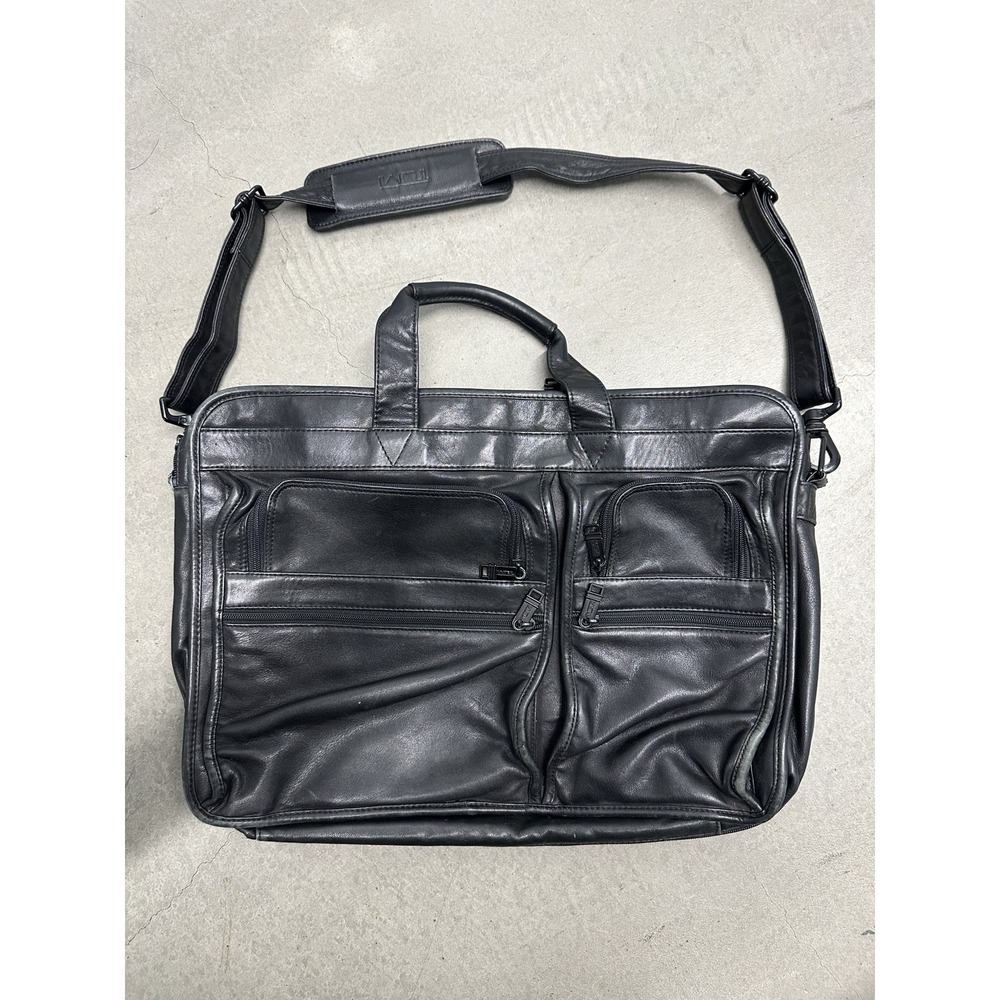 TUMI Alpha Black Nappa Leather Expandable Briefcase Laptop Bag Shoulder Strap